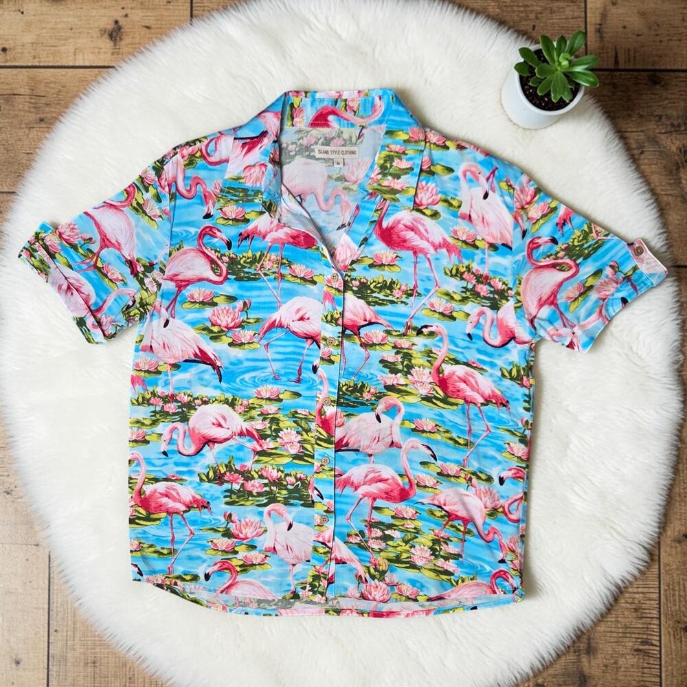 ISLAND STYLE COMPANY Flamingo Tropical Resort Button Up Shirt M